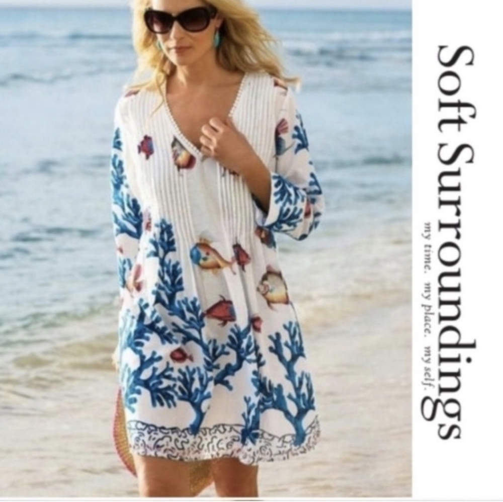 SOFT SURROUNDINGS Seychelles Beach Tunic L Coral Tropical Fish Beaded V neck Top